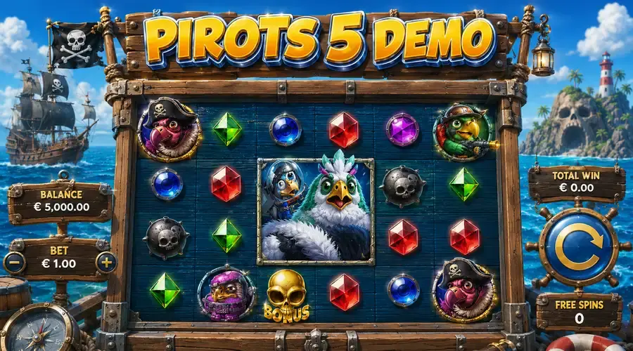 Pirots 5 Demo Spielfeld mit Papageien und Edelsteinen
