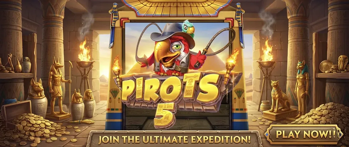 Pirots 5 Promo Banner mit Tempel und Gold